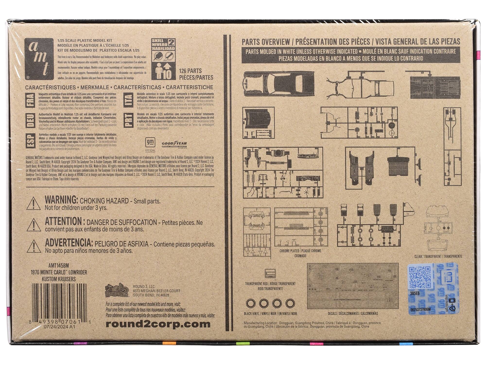 Sure, here is the corrected and grouped text from the image:

---

**1/25 SCALE PLASTIC MODEL KIT**  
**MODELE EN PLASTIQUE ECHELLE 1/25**  
**KIT DE MODELISMO DE PLASTICO ESCALA 1/25**  
**MODELISMO PLASTICO ESCALA 1/25**

**CARACTERISTIQUES • MERKMALE • CARACTERÍSTICAS • CARATTERISTICHE**  
Maquette authentique en échelle 1/25 avec des détails et intérieurs chromés.  
Modelo auténtico en escala 1/25 con detalles y cromados.  
Modello autentico in scala 1/25 con dettagli e cromature.

**SKILL LEVEL • NIVEAU HABILIDAD • NIVEL DE HABILIDAD • LIVELLO ABILITÀ**  
10

**PARTS OVERVIEW / PRÉSENTATION DES PIÈCES / VISTA GENERAL DE LAS PIEZAS**  
**126 PARTS PIECES/PARTES**  
**126 PARTS PIECES/P