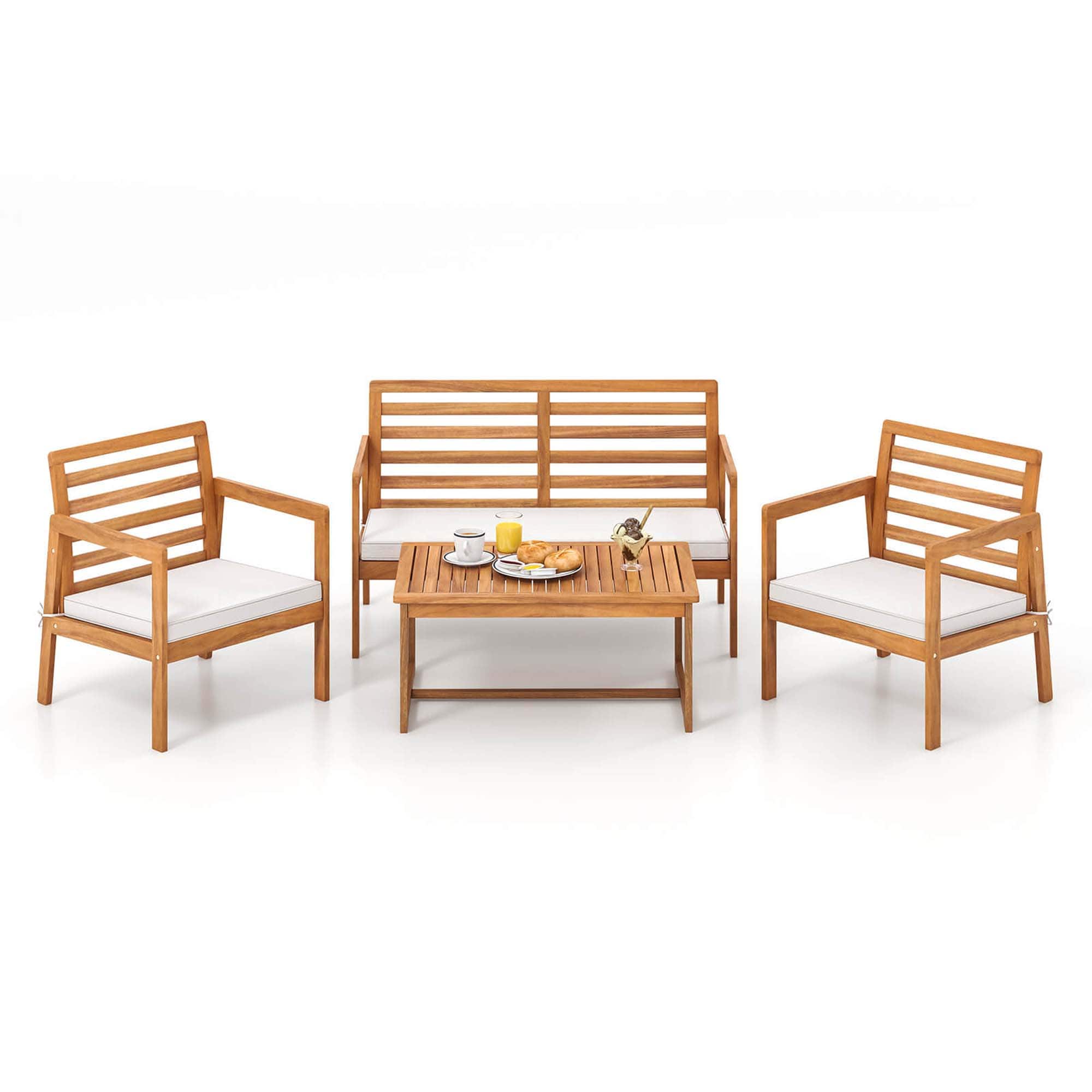 Front. Costway - 4 PCS Wood Patio Furniture Set with Soft Seat Cushions Solid Acacia Wood Frame - Off White,Natural.