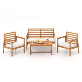 Costway - 4 PCS Wood Patio Furniture Set with Soft Seat Cushions Solid Acacia Wood Frame - Off White,Natural