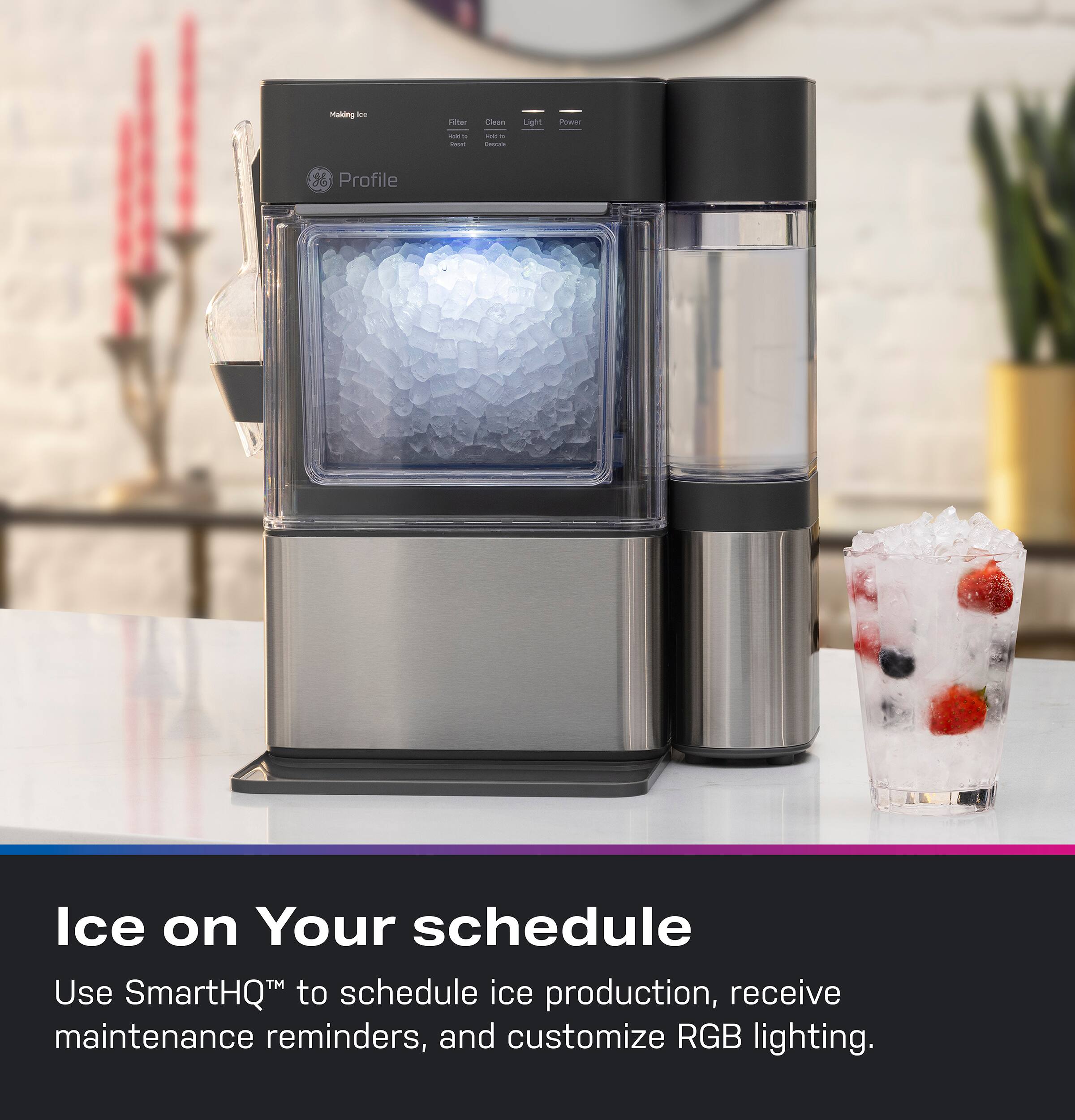 Ice on Your schedule  
Use SmartHQ™ to schedule ice production, receive maintenance reminders, and customize RGB lighting.