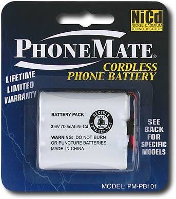 Front Standard. Phonemate - 3.6V 700 mAh NiCad Battery for Cordless Phones - White.