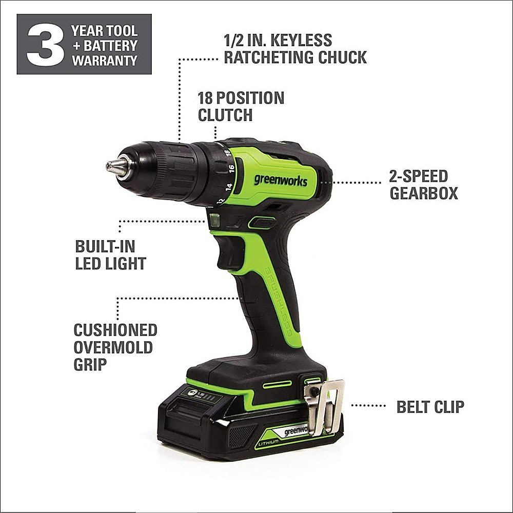 Left View: Greenworks - 24-Volt Cordless Brushless 1/2 in. Drill/Driver (2 x 1.5Ah USB Batteries, Charger and Bag) - Black/Green