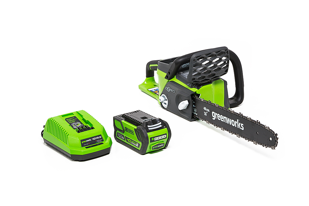 Angle View: Greenworks 40V 16" Cordless Brushless Chainsaw with 4.0 Ah Battery and Charger 20312