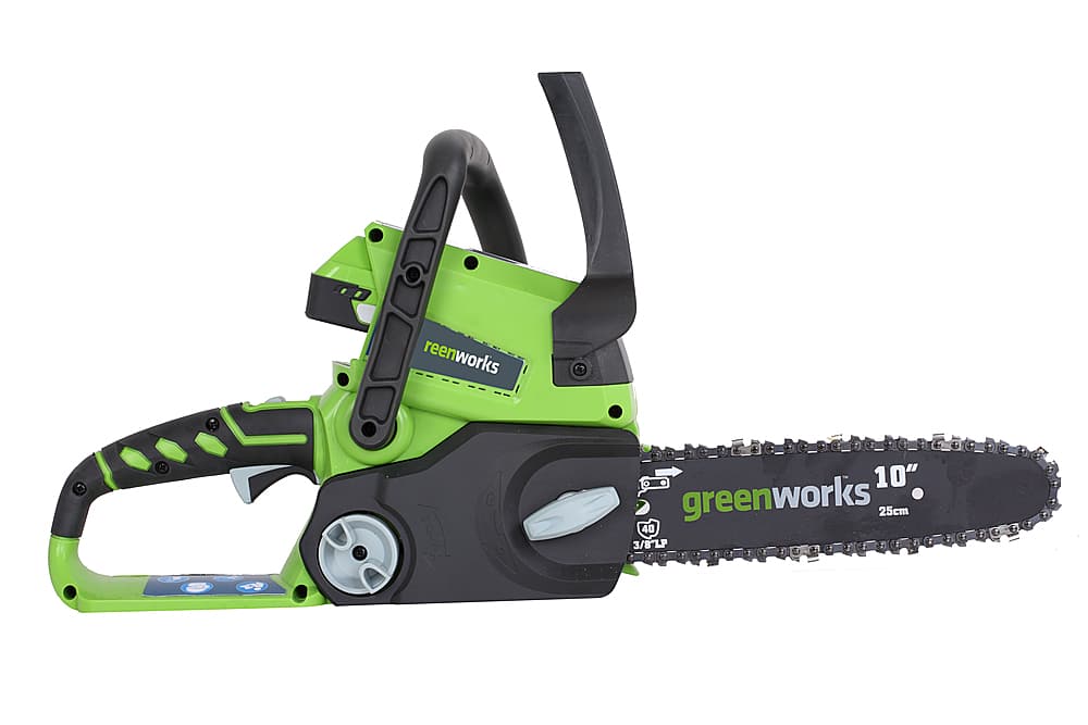 Angle View: Greenworks 24V 10" Cordless Chainsaw with 2.0 Ah Battery & Charger 20362