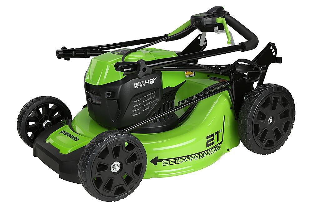 Angle. Greenworks - 24V (2x24V) 21-Inch Self-Propelled Lawn Mower (2 x 5.0Ah Batteries and Charger Included) - Green.