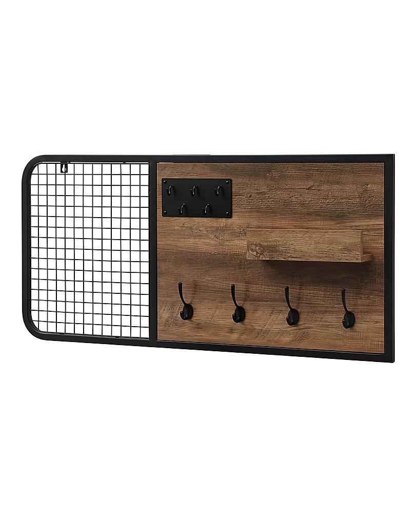 Left View: Walker Edison - Industrial Metal Mesh and Wood Wall Organizer - Rustic Oak