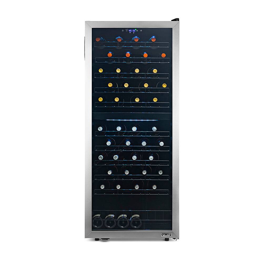Left. NewAir - 98-Bottle Dual Zone Wine Fridge, Low-Vibration Inverter Compressor, Ultra-Quiet, Adjustable Racks, Digital Thermostat - Silver.