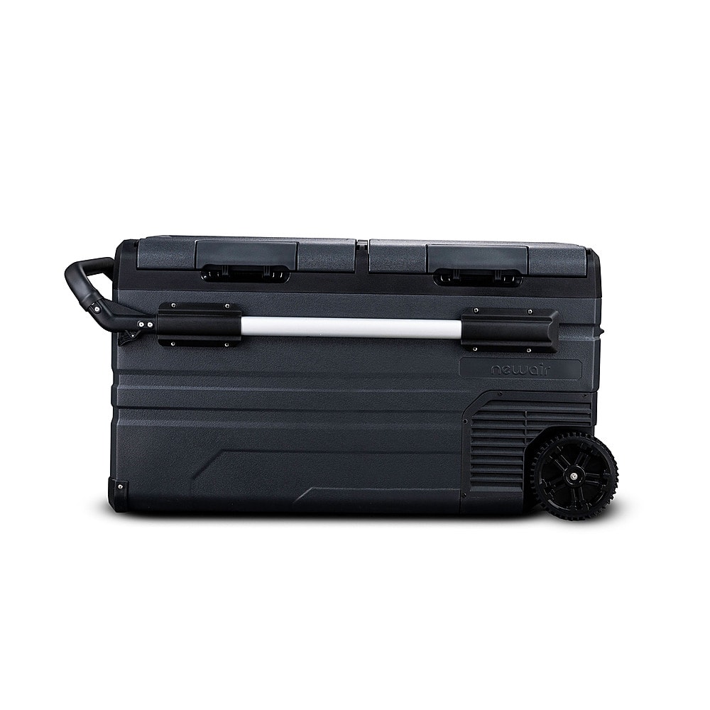 Left. NewAir - 80 Quart Portable 12v Electric Cooler with LG Compressor, Fridge and Freezer, Rugged Wheels, and Solar Power Input - Gray.