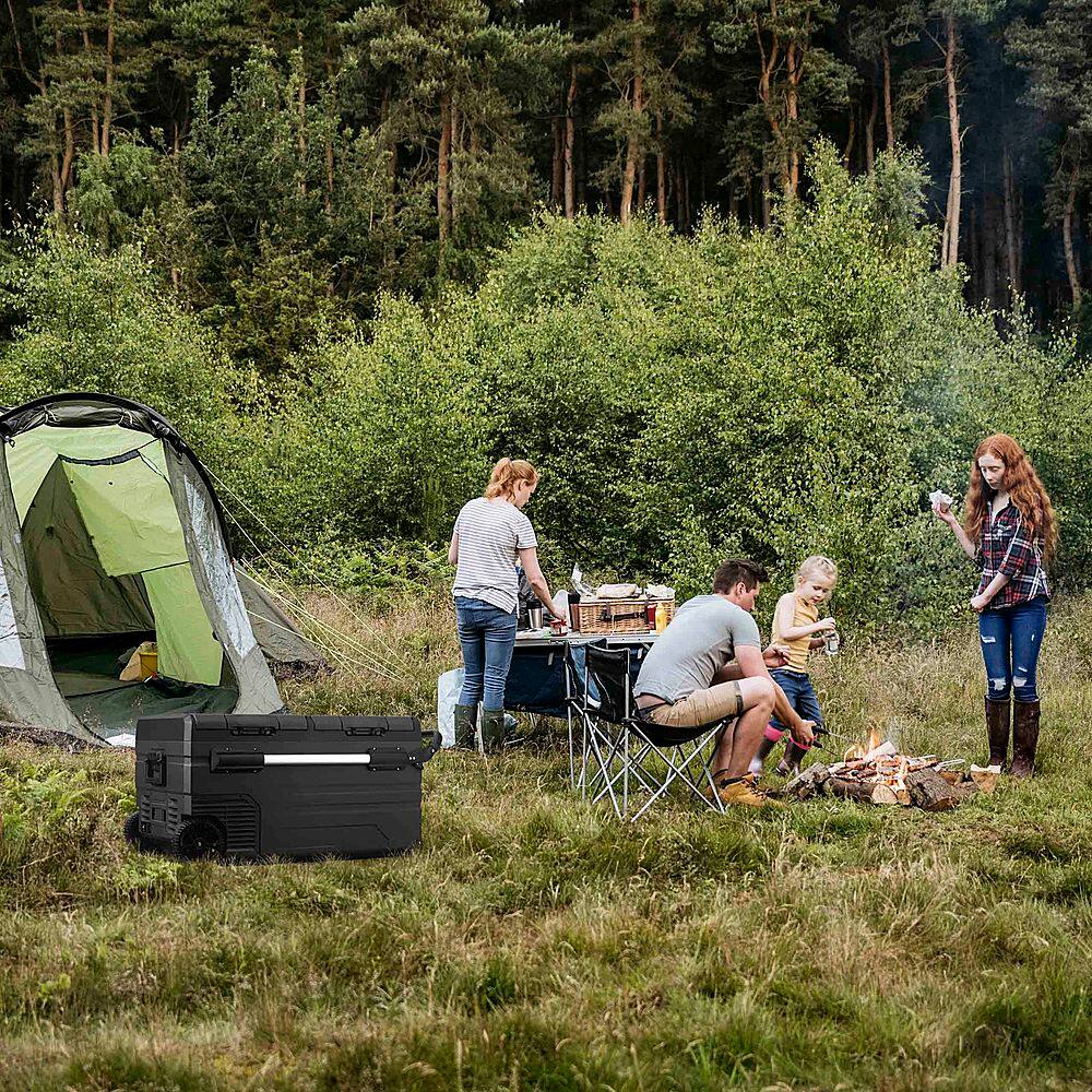 Angle. NewAir - 80 Quart Portable 12v Electric Cooler with LG Compressor, Fridge and Freezer, Rugged Wheels, and Solar Power Input - Gray.