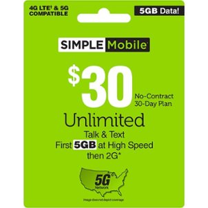 Simple Mobile - $30 Unlimited Talk, Text and Data (First 5GB at High Speed then 2G) 30-Day Plan (Email Delivery) [Digital]
