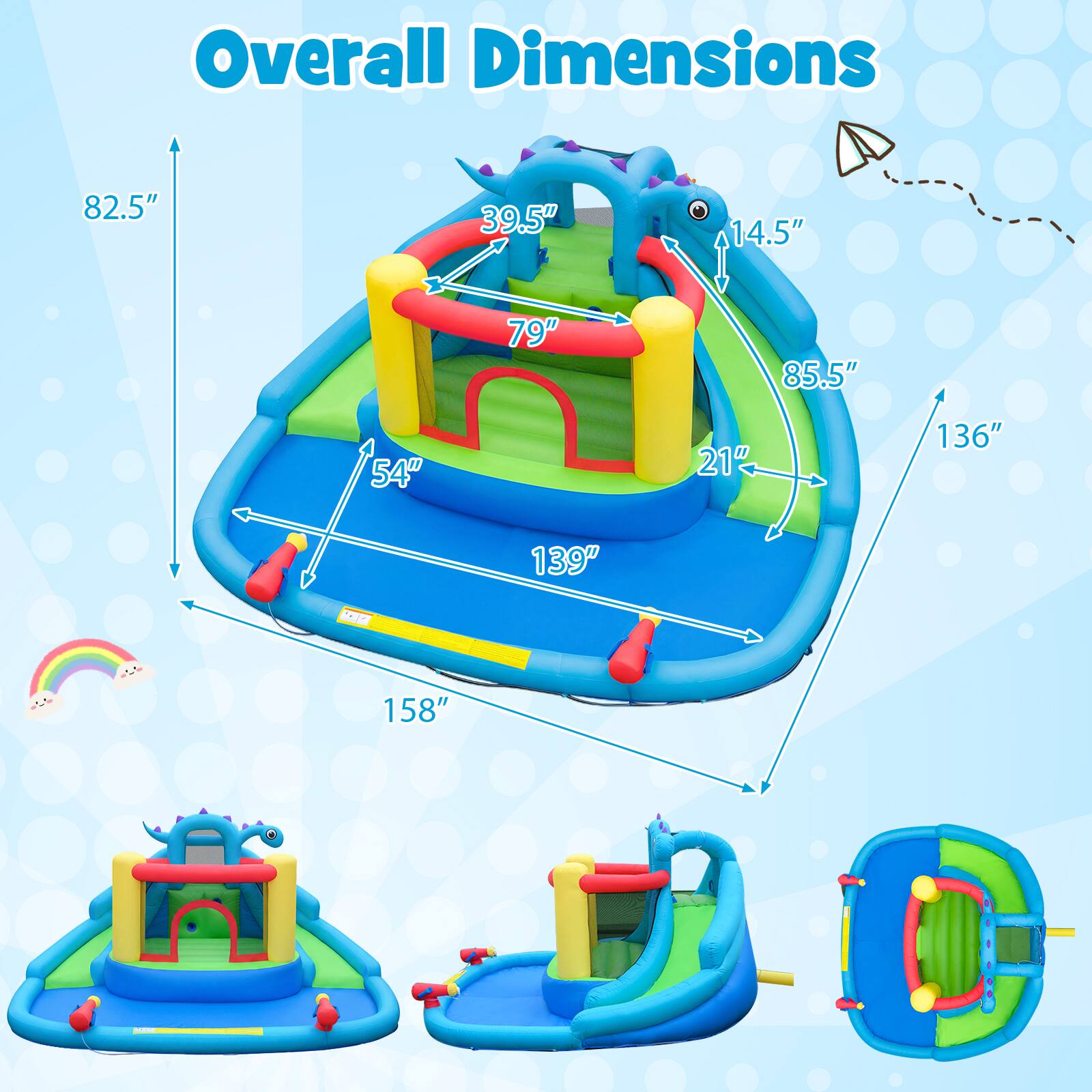 Overall Dimensions: 82.5" x 39.5" x 14.5" x 79" x 85.5" x 54" x 21" x 136" x 139" x 158"