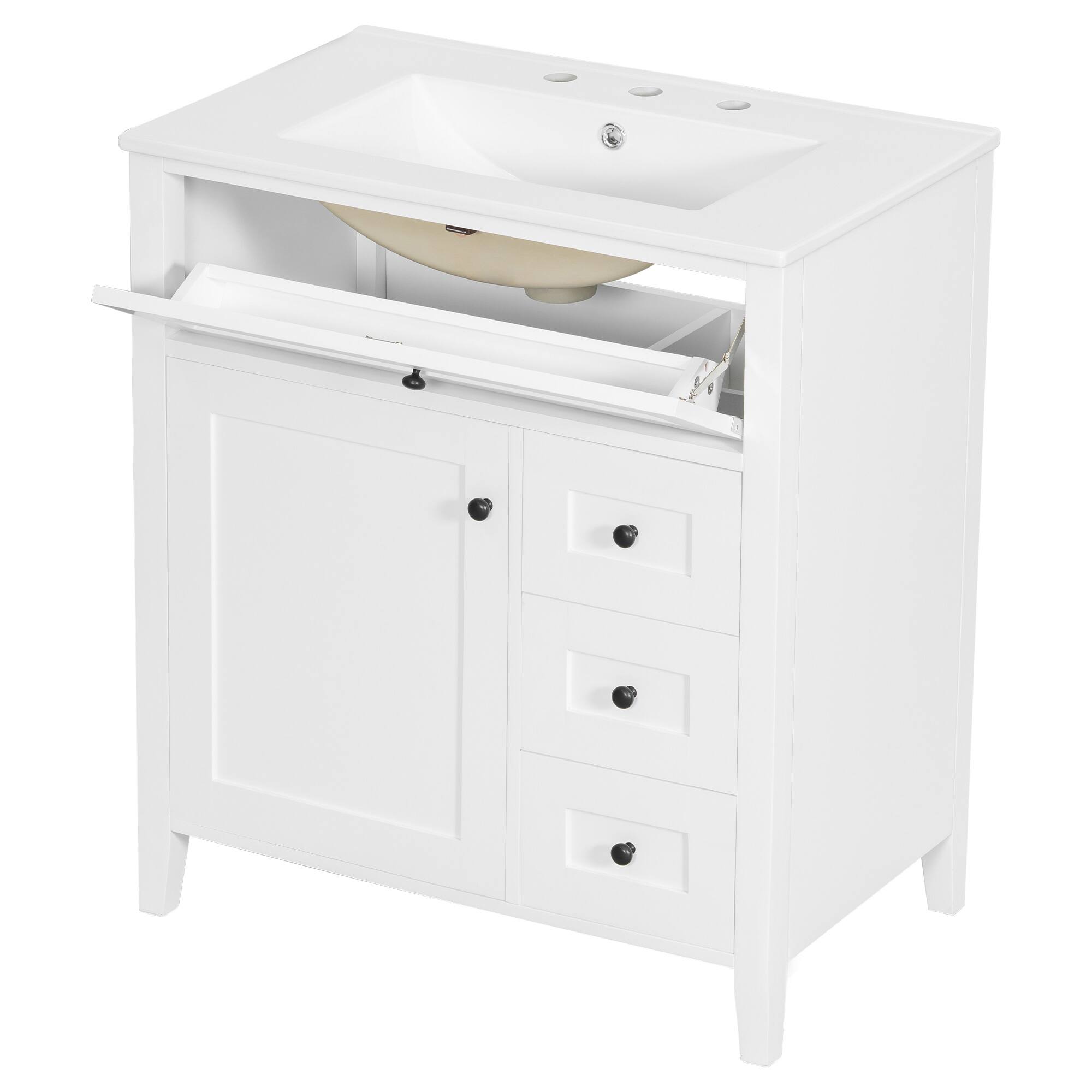 Left. Whisen - 30 Inch Bathroom Vanity with Ceramic Sink Combo Modern 3 Drawer 1 Left Door Storage Cabinet Freestanding - White.