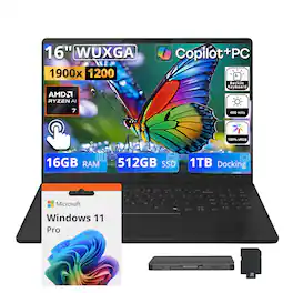 LG - Upgraded - Gram Book 16" WUXGA IPS Touch Laptop,Ryzen AI 7 445,16GB RAM,512GB SSD+1TB Dock Set,Backlit,Win 11 Pro - Titan Black