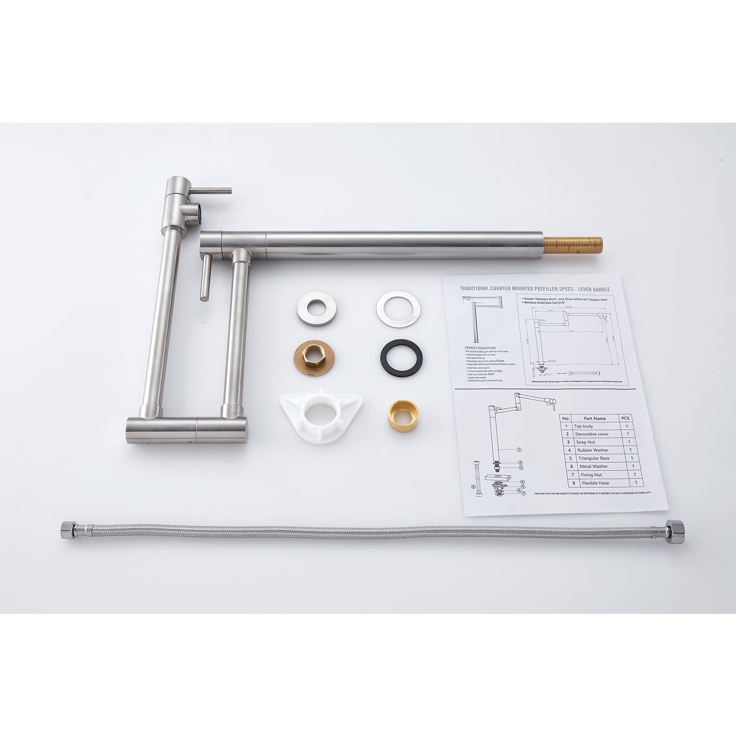 TRADITIONAL COUNTERTOP MOUNTED POTTLE SPEC - LEVER HANDLE

- Part Name: Decorative Cover
- Part Name: Snap Nut
- Part Name: Decorative Cap
- Part Name: Triangular Base
- Part Name: Metal Washer
- Part Name: Flange Nut
- Part Name: Flexible Hose

PCS: 1, 1, 1, 1, 1, 1, 1