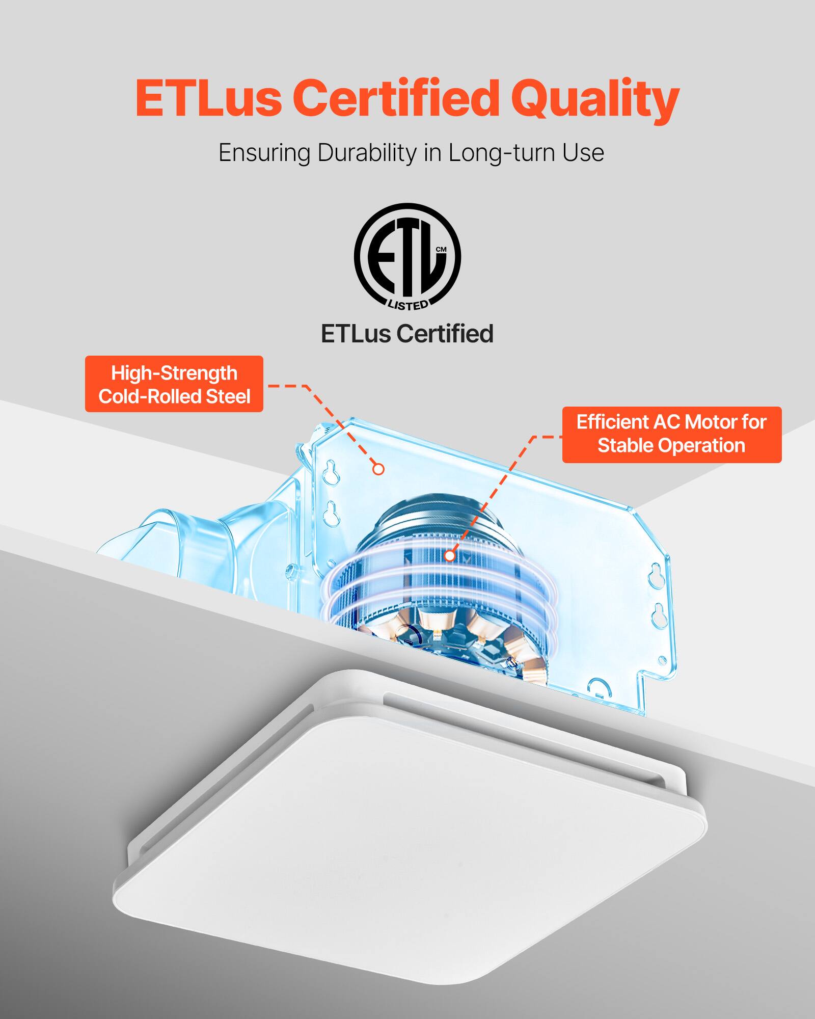 ETLus Certified Quality  
Ensuring Durability in Long-term Use  

ETLus Certified  

High-Strength Cold-Rolled Steel  

Efficient AC Motor for Stable Operation