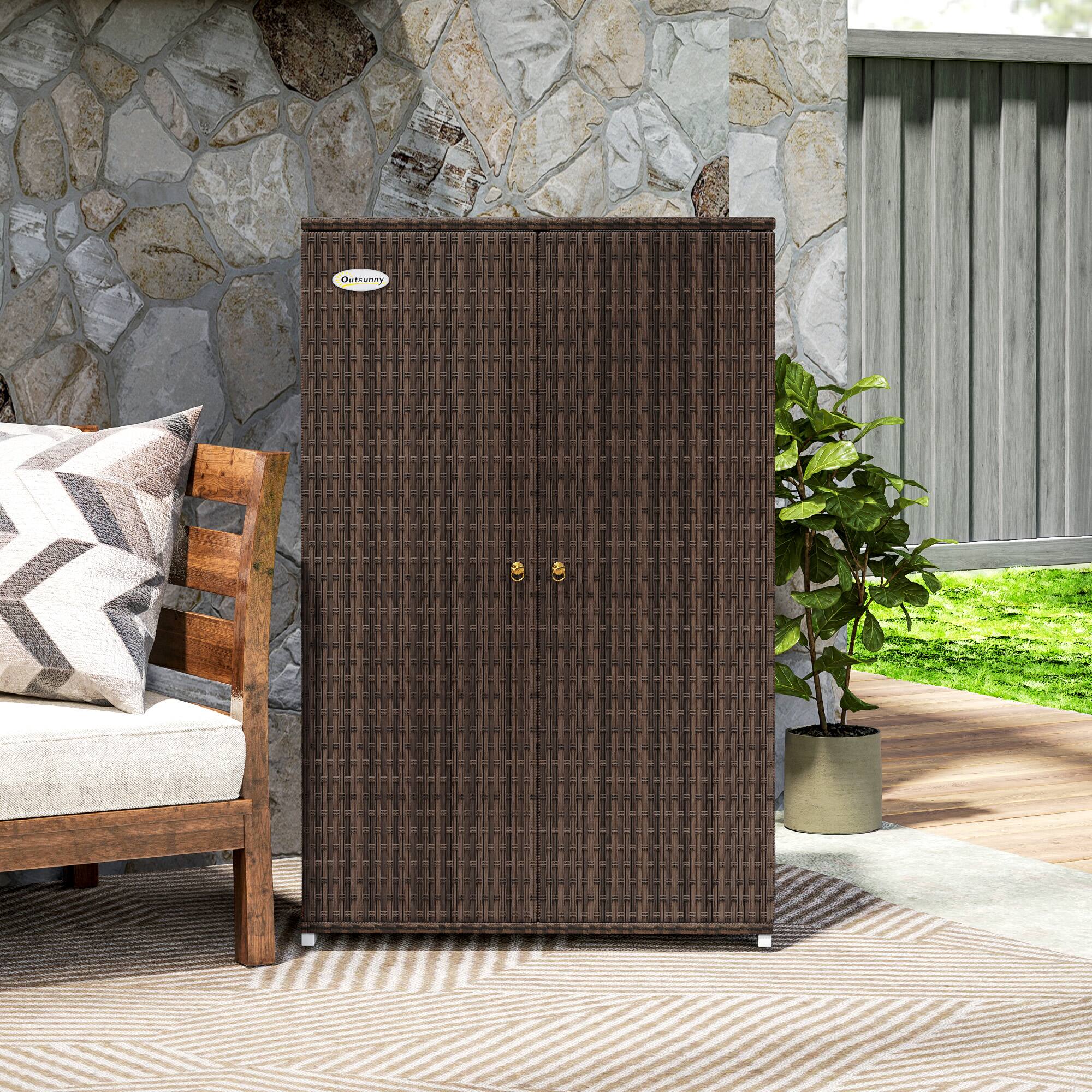 Alt View 7. Outsunny - Wicker Outdoor Storage Cabinet with Shelves, 2-Door Rattan Pool Towel Storage Cabinet with Removable Shelf & Drawer - Brown.