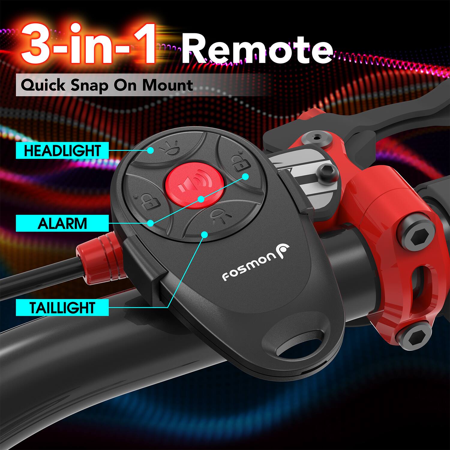 3-in-1 Remote  
Quick Snap On Mount  
HEADLIGHT  
ALARM  
TAILLIGHT  
Fosmon