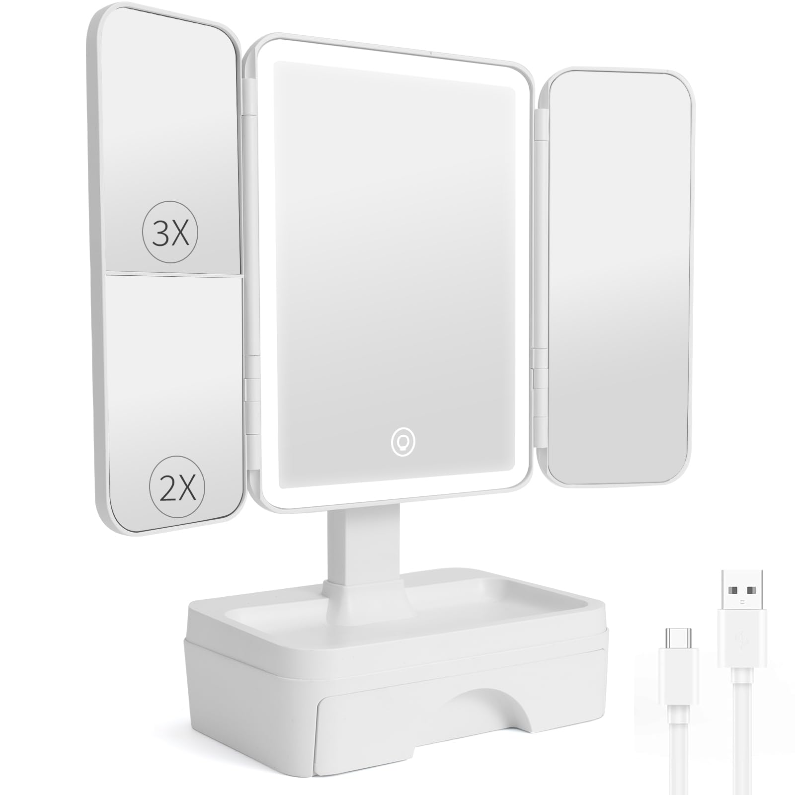 Front. COTTAGE - Tri Fold Makeup Mirror With Lights Storage Magnification Lighted Vanity Small - Default.