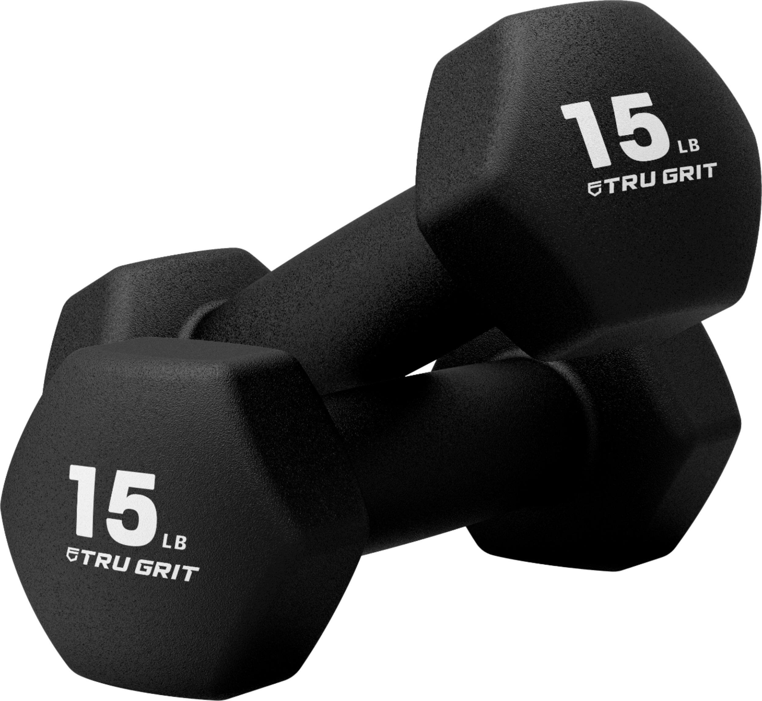 Angle. Tru Grit - Hex Neoprene Dipped Dumbbell 15lb Single - Black.