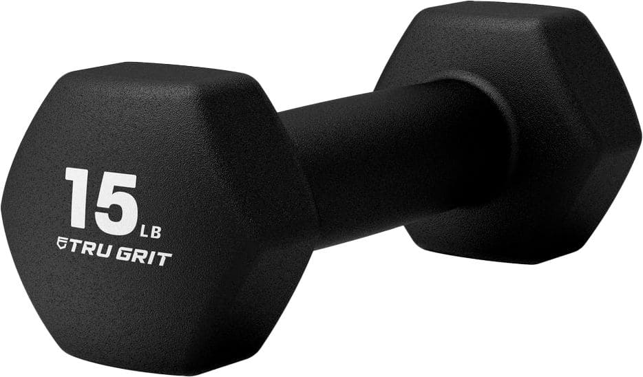 Front. Tru Grit - Hex Neoprene Dipped Dumbbell 15lb Single - Black.