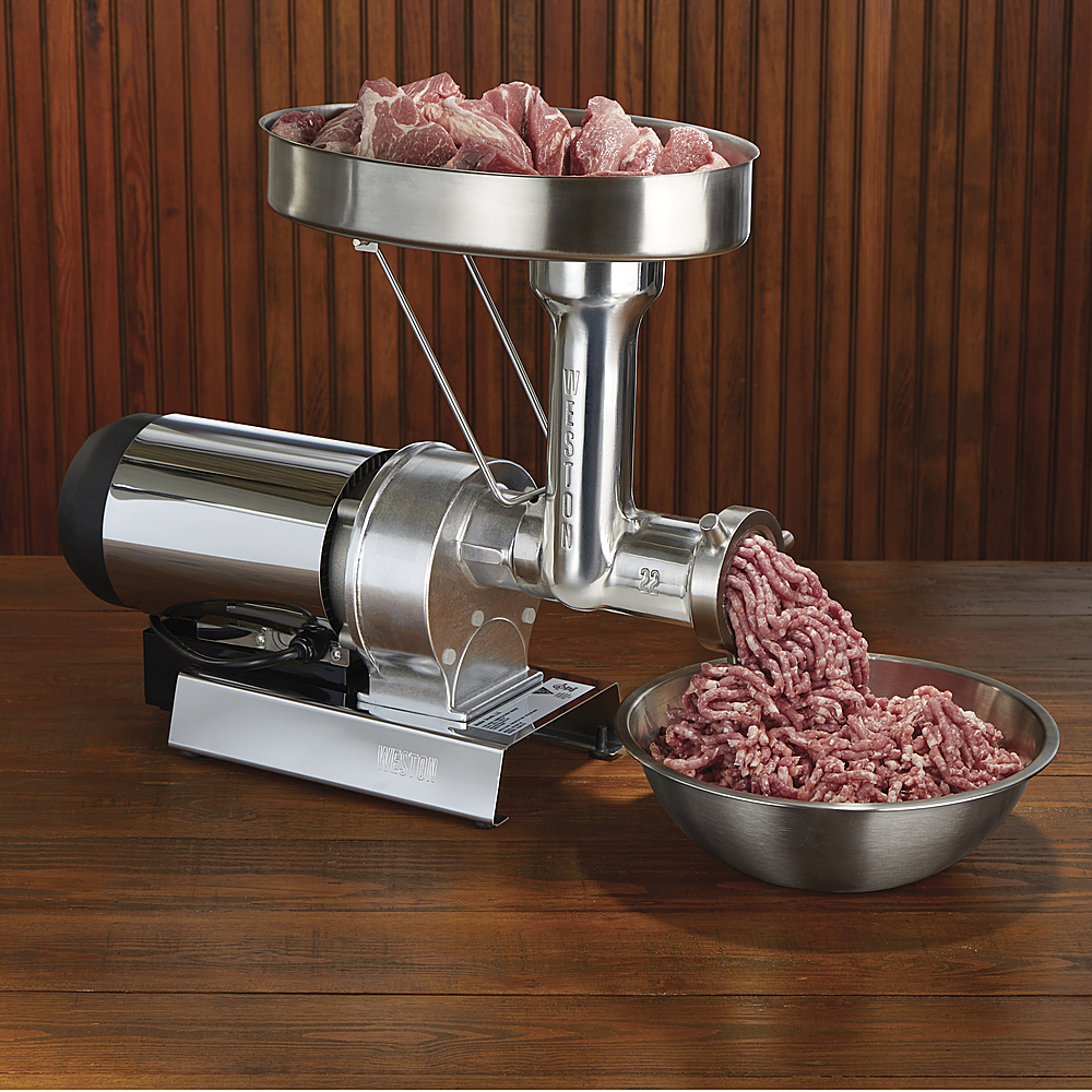 Left View: Weston - Butcher Series #22 Commercial Grade Meat Grinder and Sausage Stuffer - STAINLESS STEEL