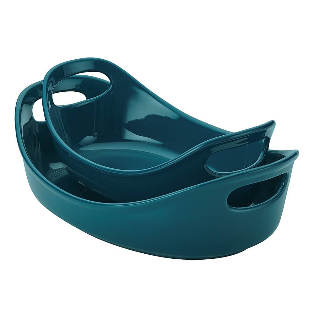 Angle View: Rachael Ray - Bubble & Brown 2-Piece Oval Ceramics Baker Set - Marine Blue