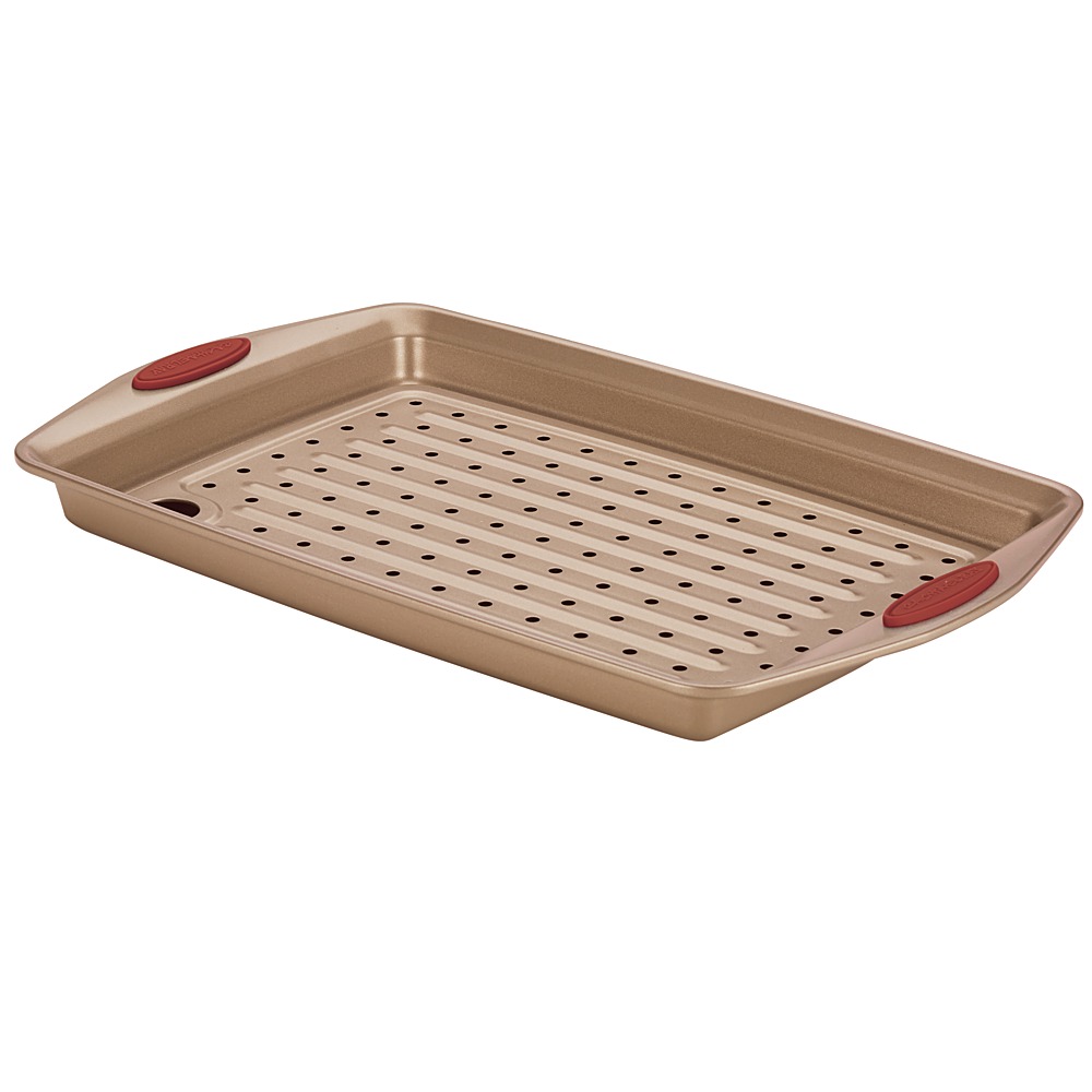 Angle View: Rachael Ray - 2-Piece Nonstick Bakeware Crisper Pan Set - Latte Brown with Cranberry Red Handle Grips