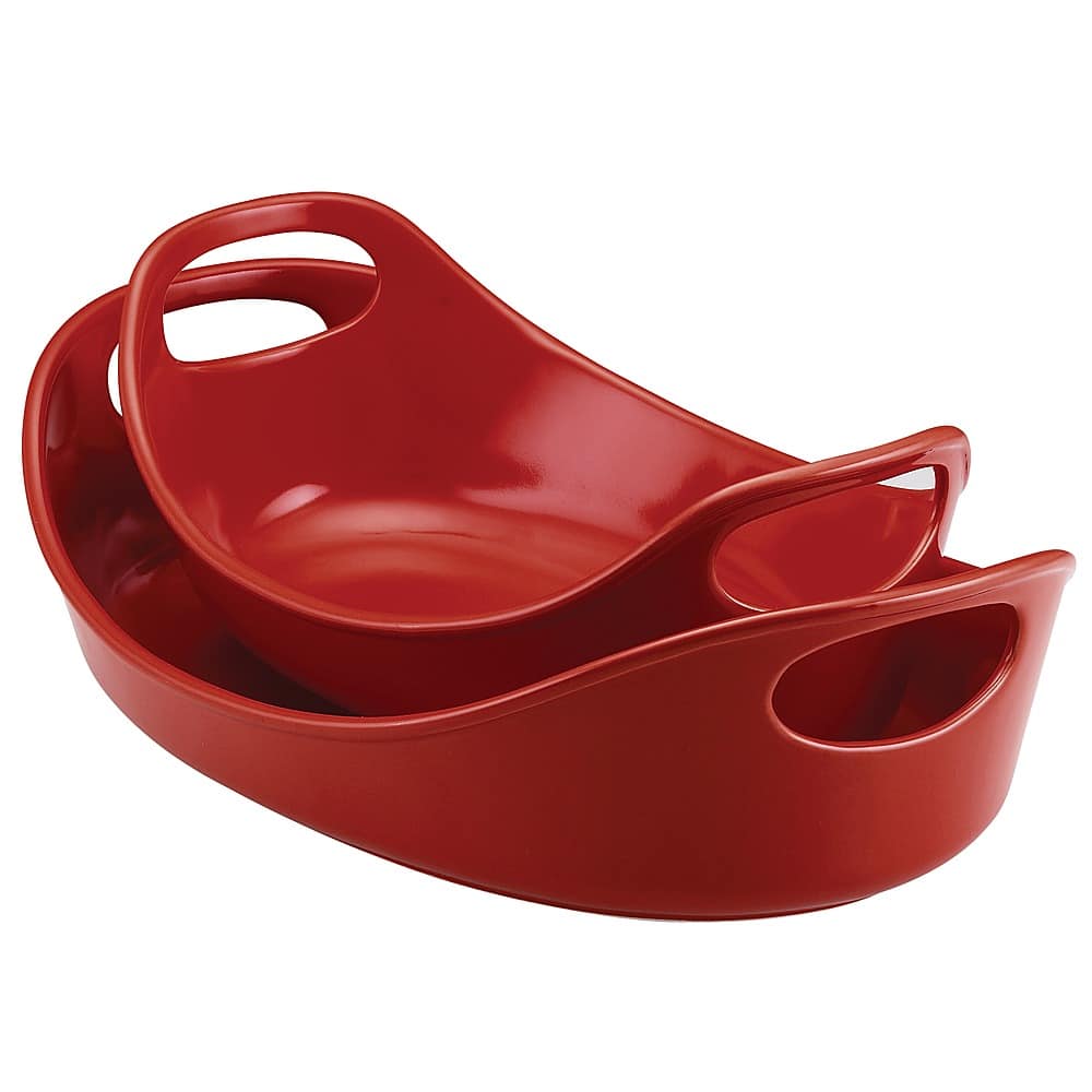 Left View: Rachael Ray - Bubble & Brown 2-Piece Oval Ceramic Baker Set - Red