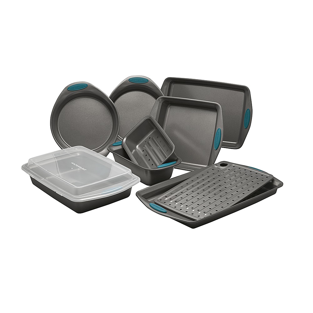Angle View: Rachael Ray - Yum-o! Oven Lovin' 10-Piece Nonstick Baking Pans Set - Gray with Marine Blue Grips