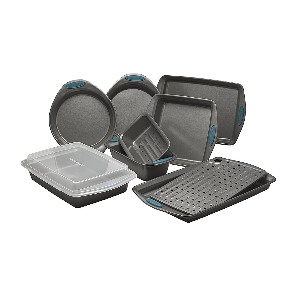 Left View: Rachael Ray - Yum-o! Oven Lovin' 10-Piece Nonstick Baking Pans Set - Gray with Marine Blue Grips
