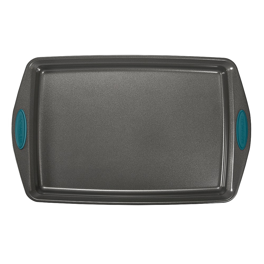 Left View: Rachael Ray - 3-Piece Nonstick Bakeware Cookie Pan Set with Silicone Grips - Gray with Marine Blue Grips