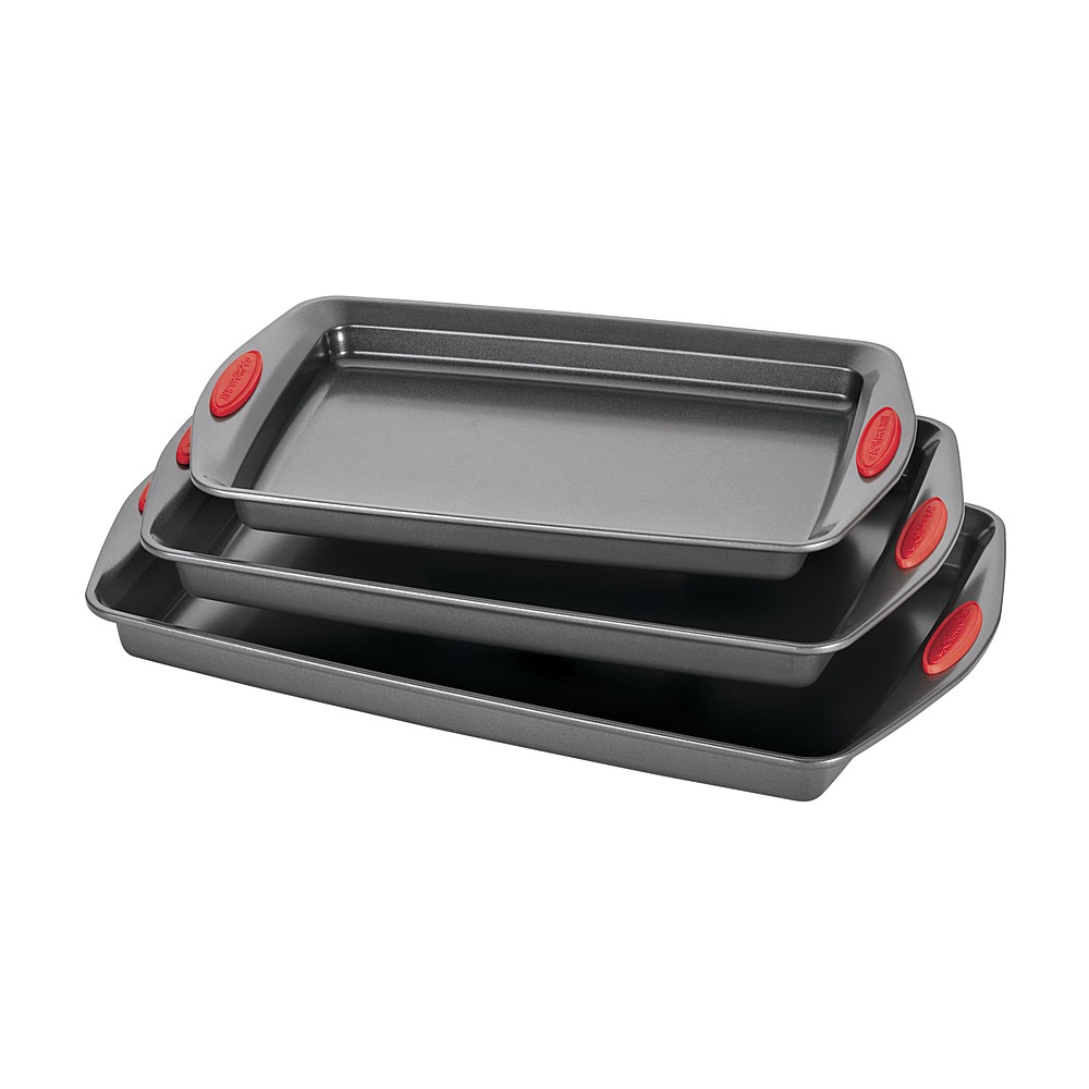 Angle View: Rachael Ray - 3-Piece Nonstick Bakeware Cookie Pan Set with Silicone Grips - Gray with Red Grips