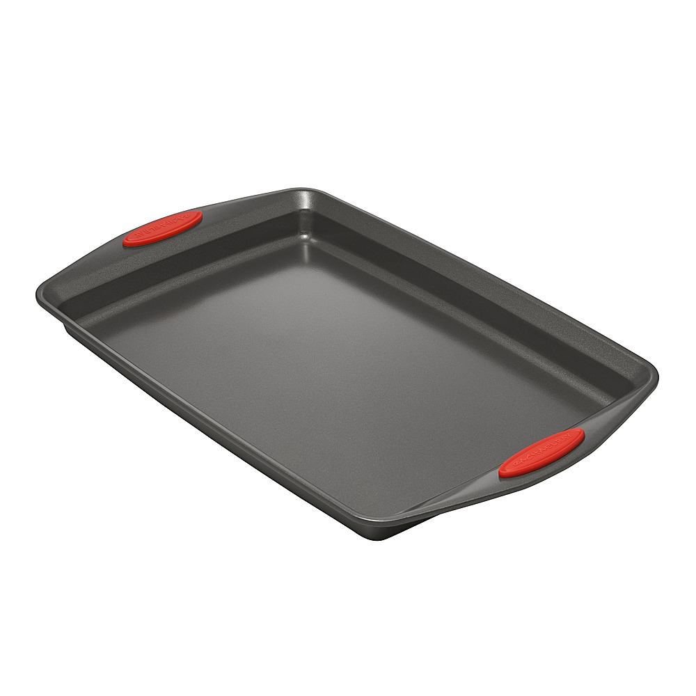 Left View: Rachael Ray - 3-Piece Nonstick Bakeware Cookie Pan Set with Silicone Grips - Gray with Red Grips