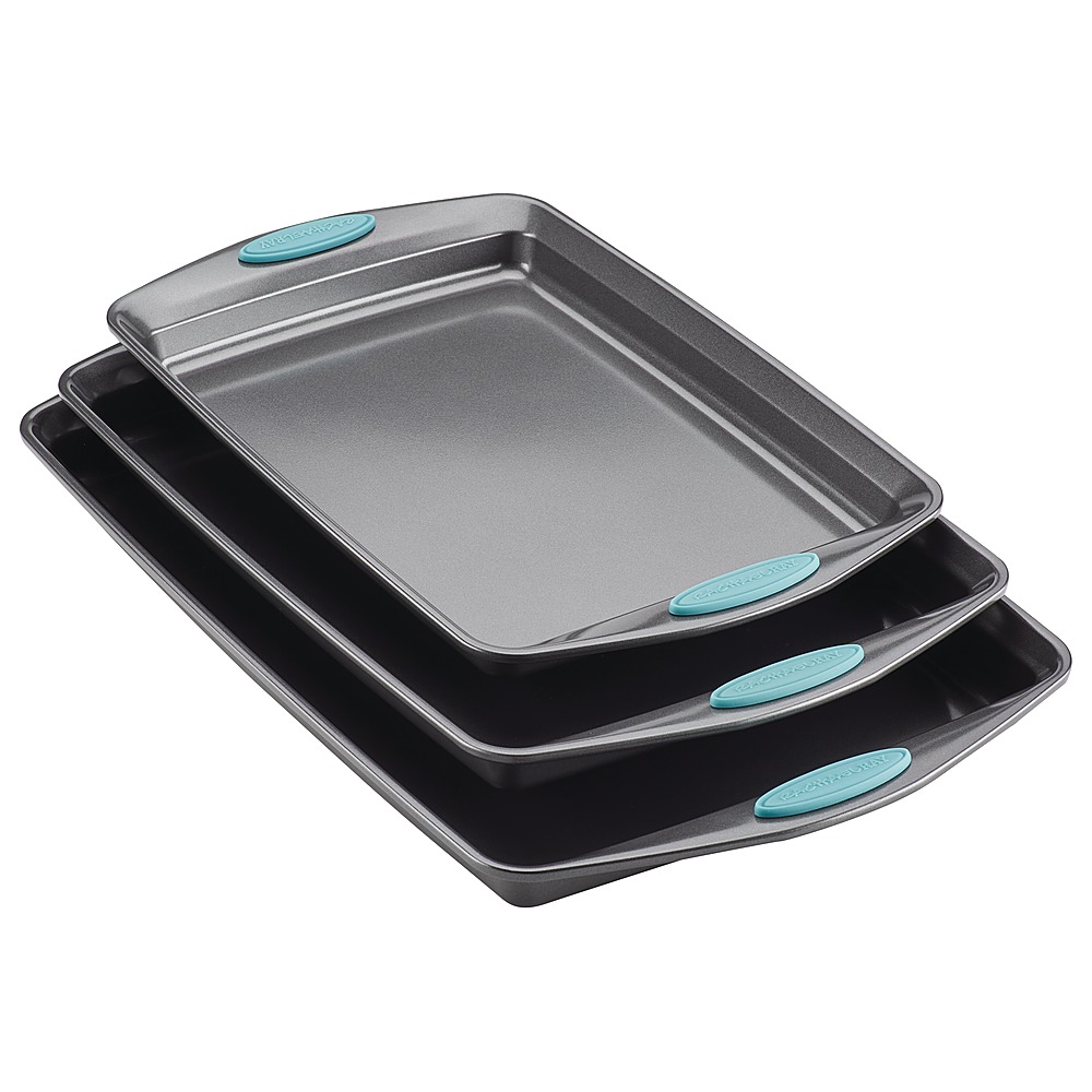 Angle View: Rachael Ray - 3-Piece Nonstick Bakeware Cookie Pan Set with Silicone Grips - Gray with Agave Blue Grips