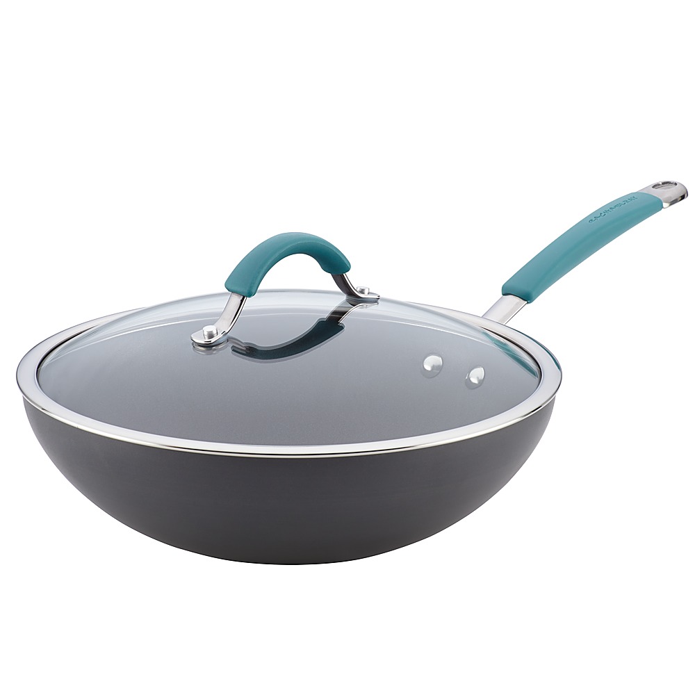 Angle View: Rachael Ray - Cucina 11-Inch Nonstick Wok with Lid - Gray with Blue Handles