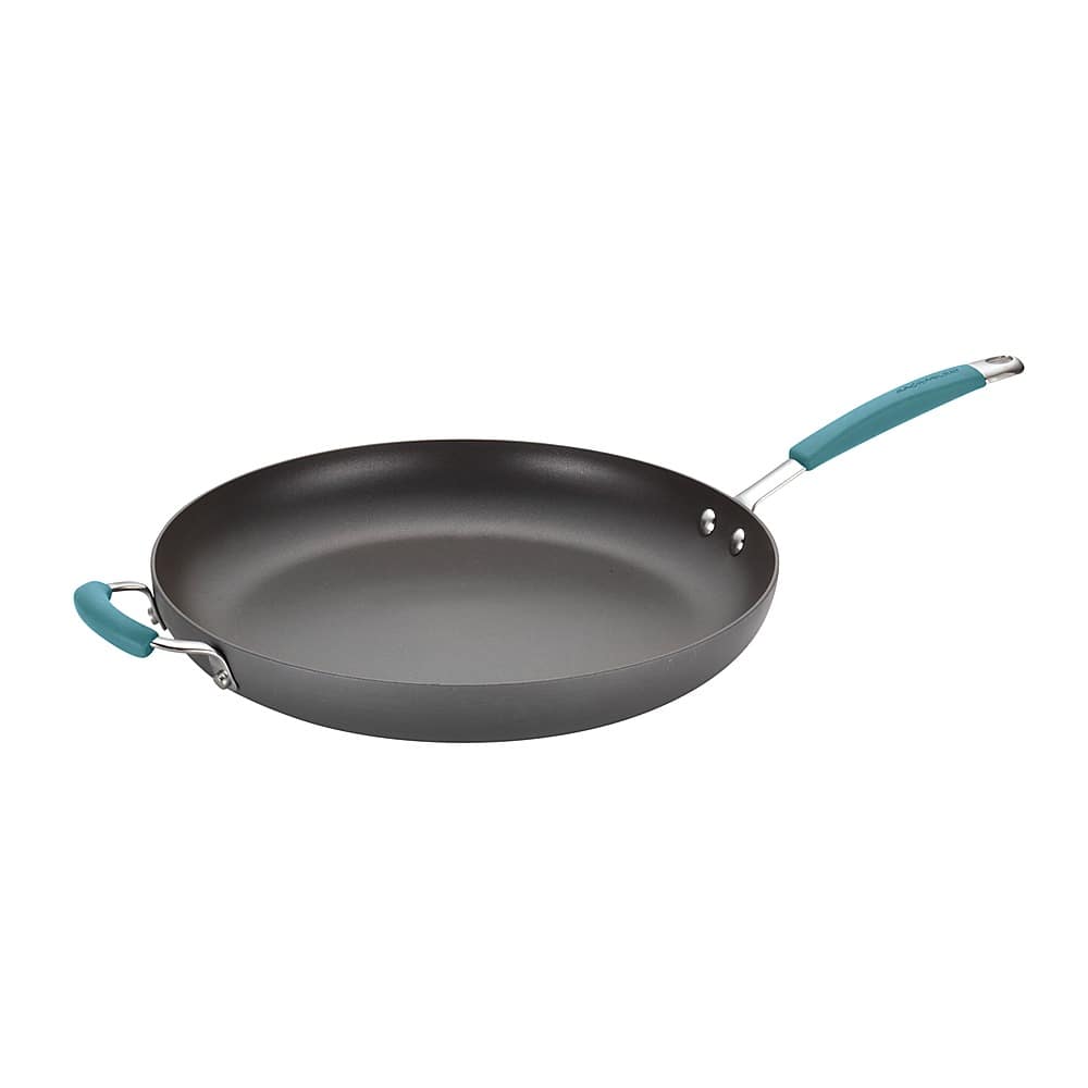Angle. Rachael Ray - Cucina 14-Inch Skillet with Helper Handle - Gray with Blue Handles.