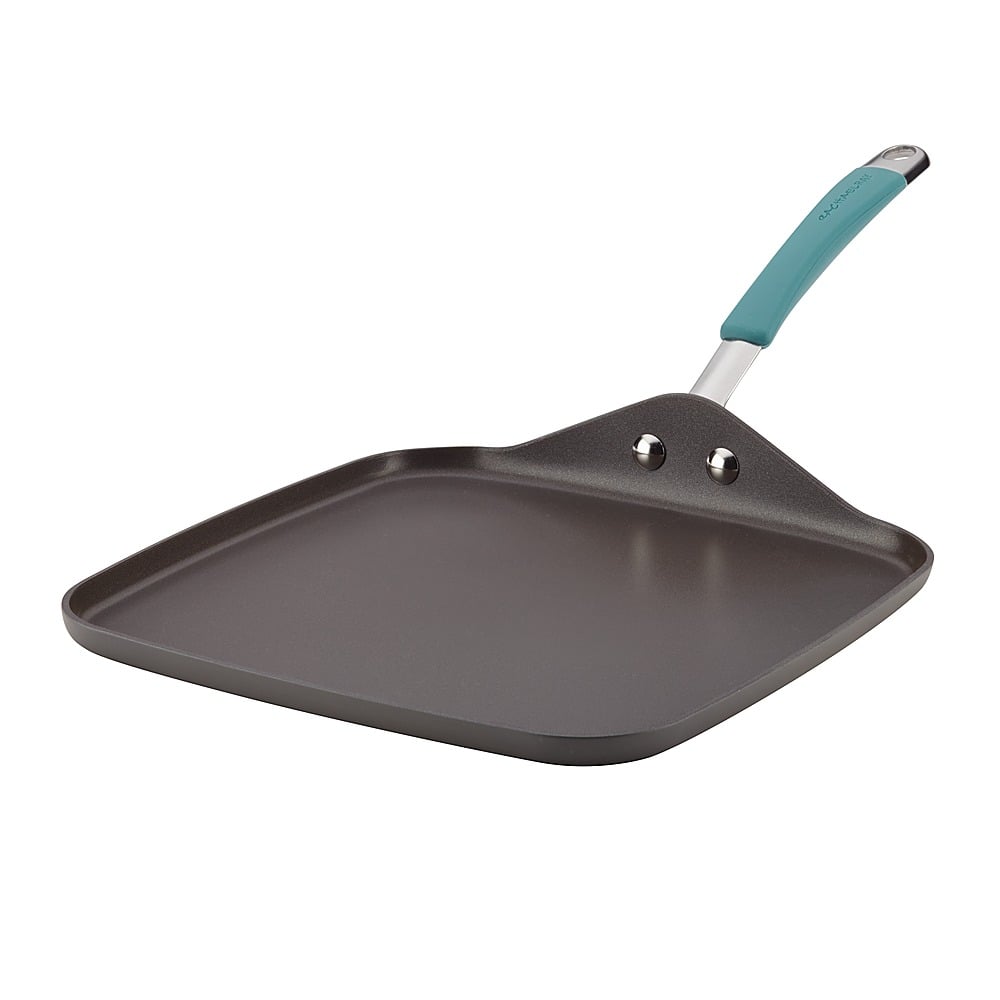 Angle. Rachael Ray - Cucina Indoor Griddle - Gray with Agave Blue Handle.