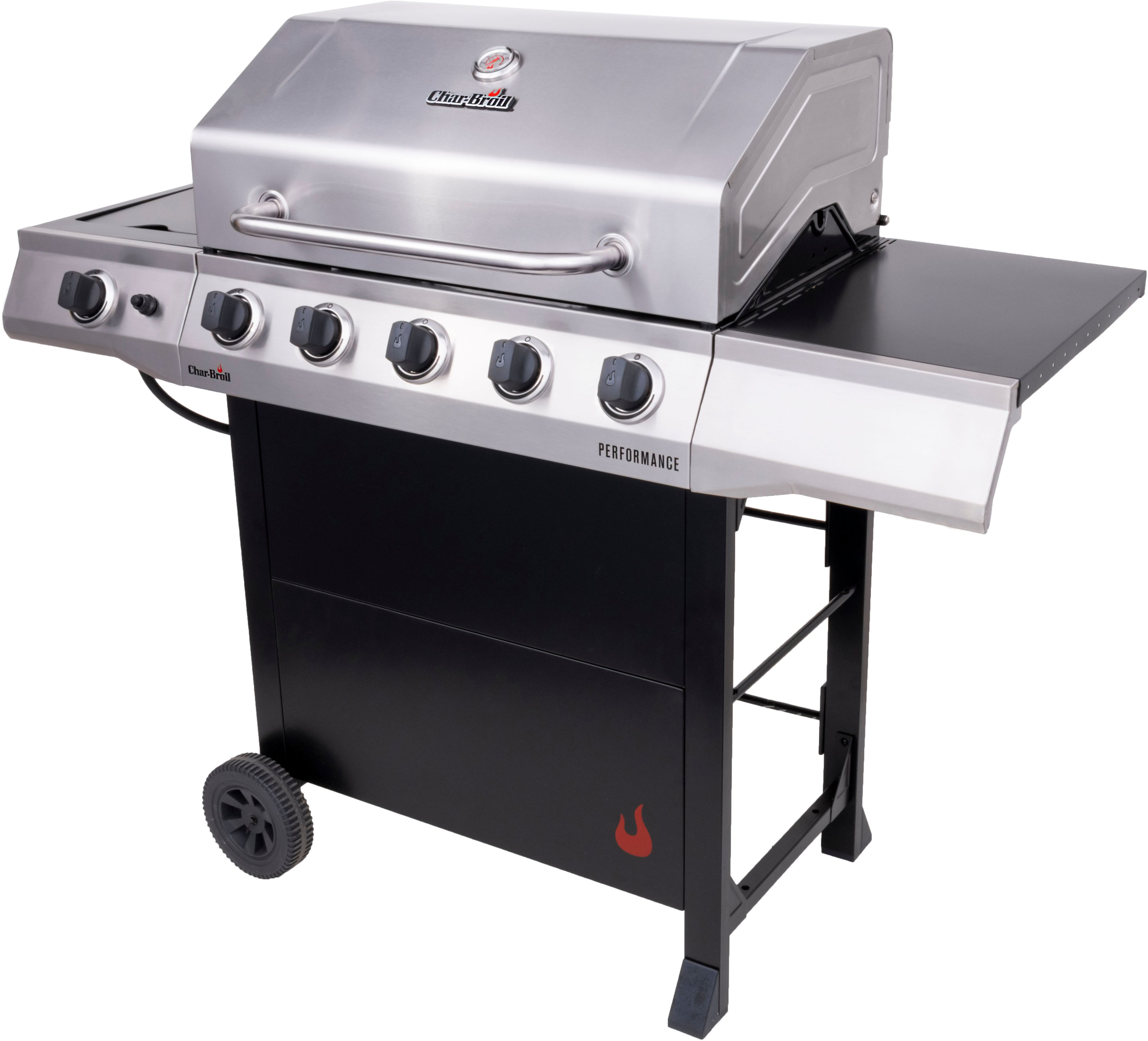 Left View: Char-Broil - Performance Series 5-Burner Gas Grill with Cabinet - Stainless Steel and Black