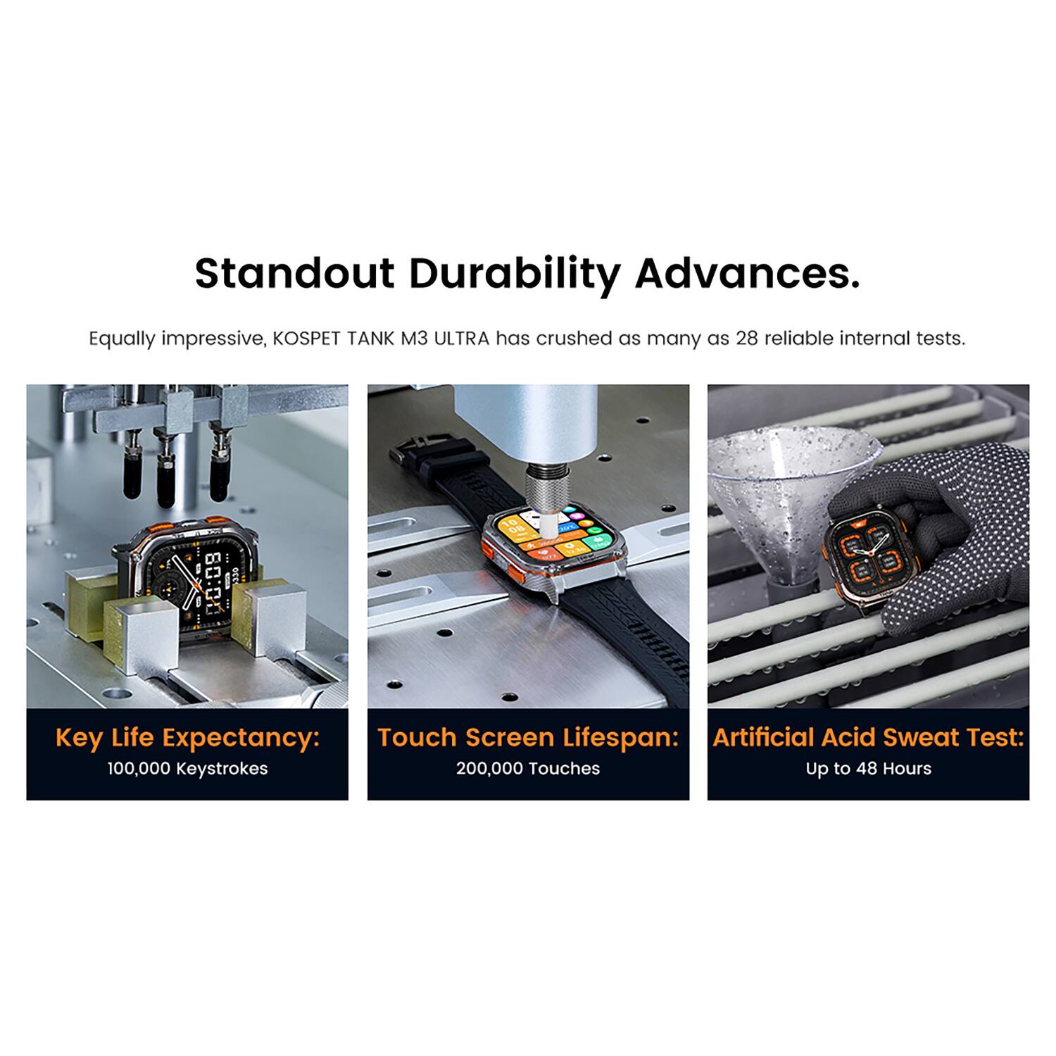 Standout Durability Advances.  
Equally impressive, KOSPET TANK M3 ULTRA has crushed as many as 28 reliable internal tests.  

Key Life Expectancy:  
100,000 Keystrokes  

Touch Screen Lifespan:  
200,000 Touches  

Artificial Acid Sweat Test:  
Up to 48 Hours