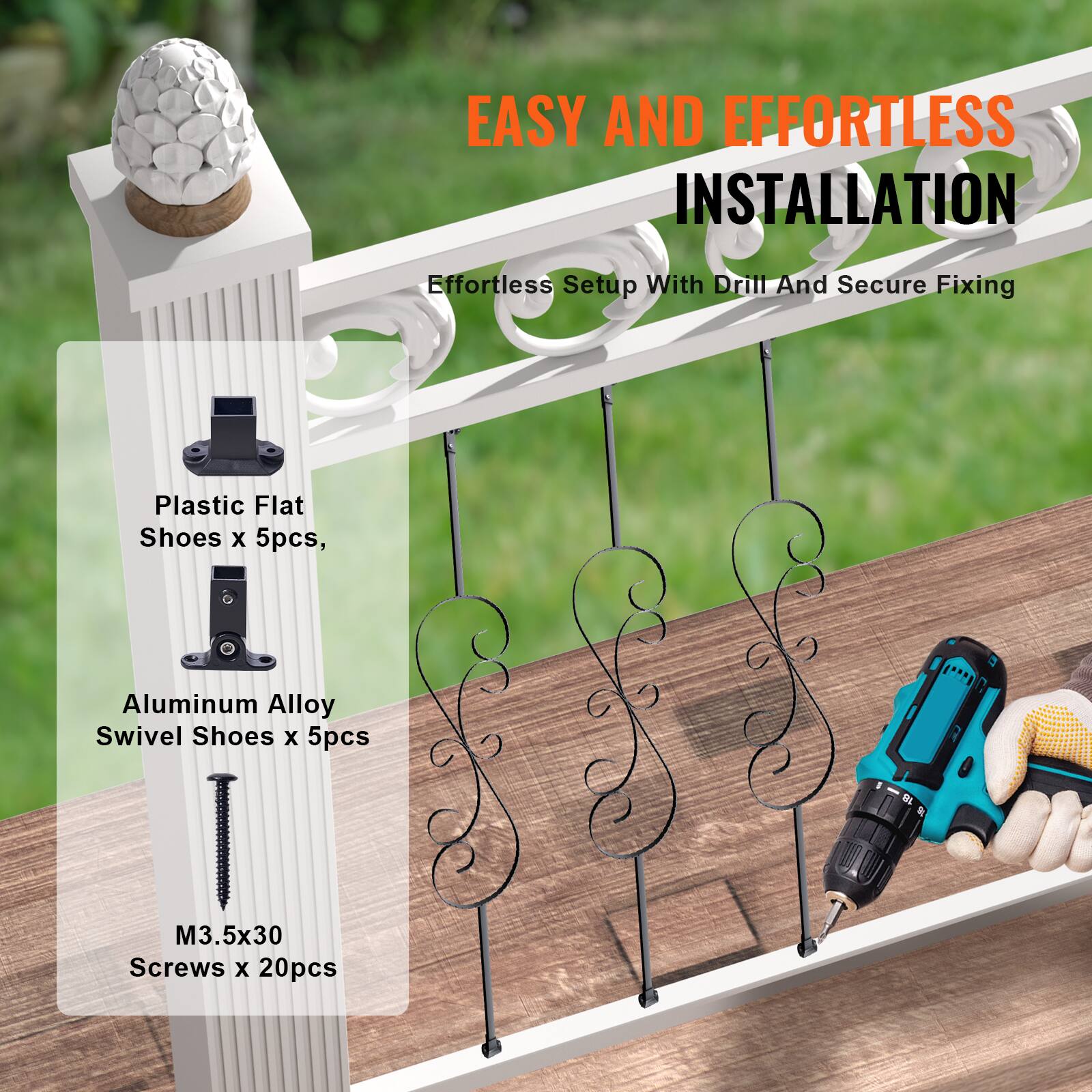 EASY AND EFFORTLESS INSTALLATION
Effortless Setup With Drill And Secure Fixing
Plastic Flat Shoes x 5pcs, Aluminum Alloy Swivel Shoes x 5pcs, M3.5x30 Screws x 20pcs