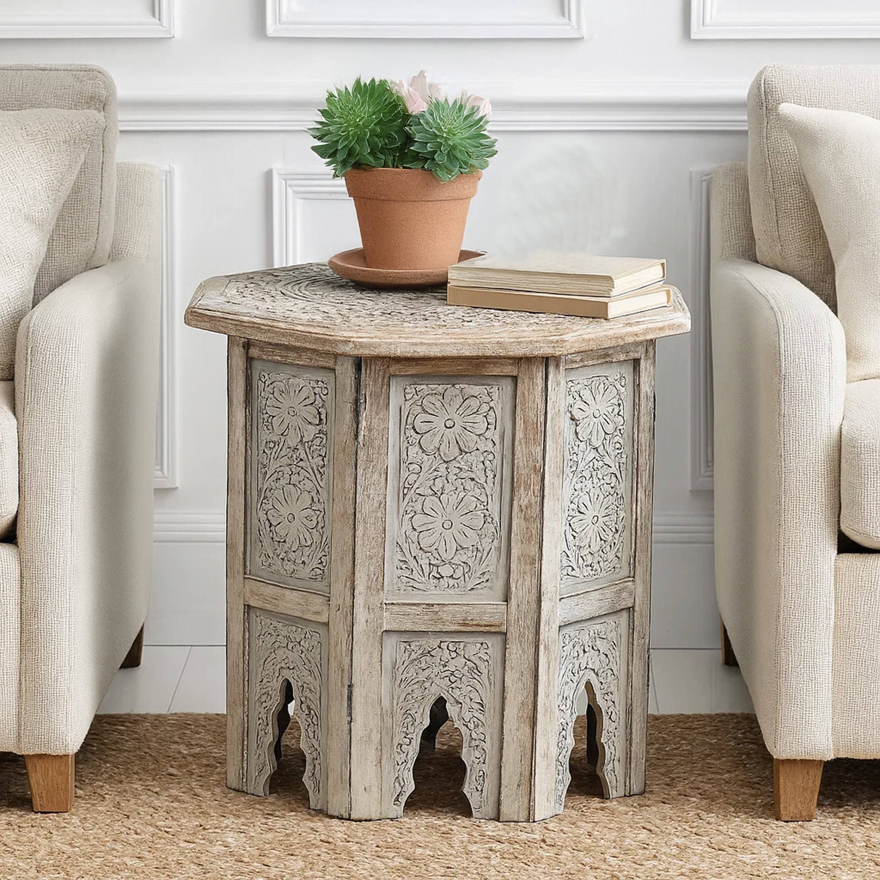 Alt View 6. Manhattan Lane - 18 Inch Handcrafted Farmhouse Side Table, Engraved Carved Design, Mango Wood, Octagonal Top - Brown.