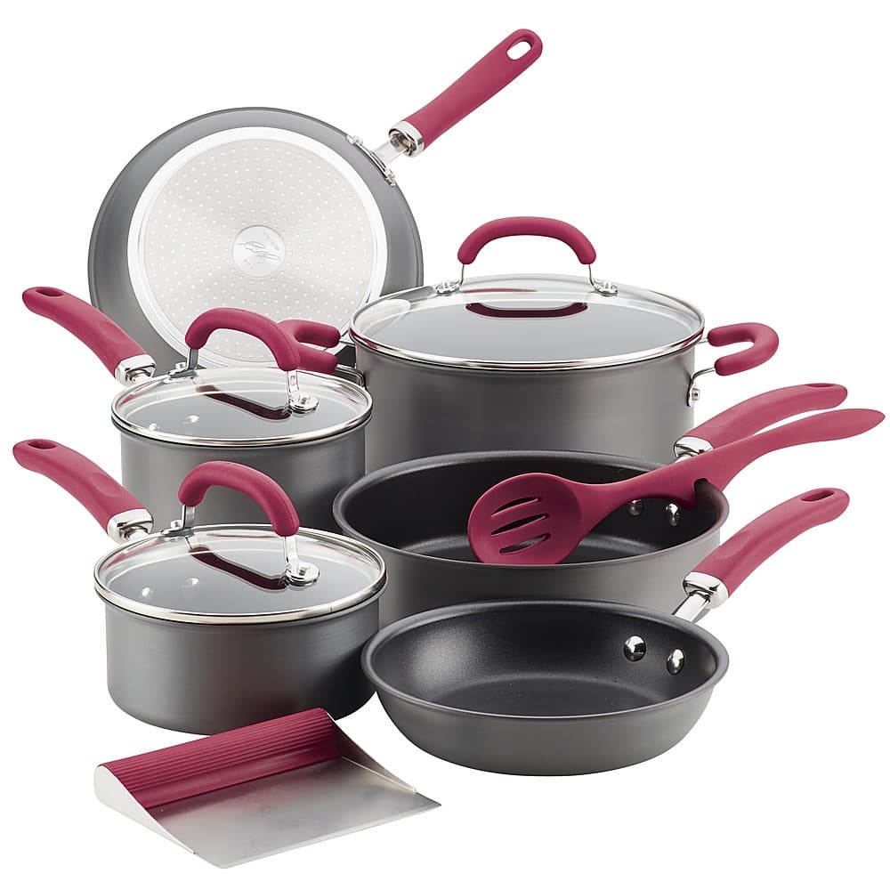 Angle. Rachael Ray - Create Delicious 11-Piece Cookware Set - Gray with Burgundy Handles.