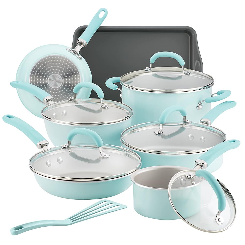 Angle. Rachael Ray - Create Delicious 13-Piece Cookware Set - Light Blue Shimmer.