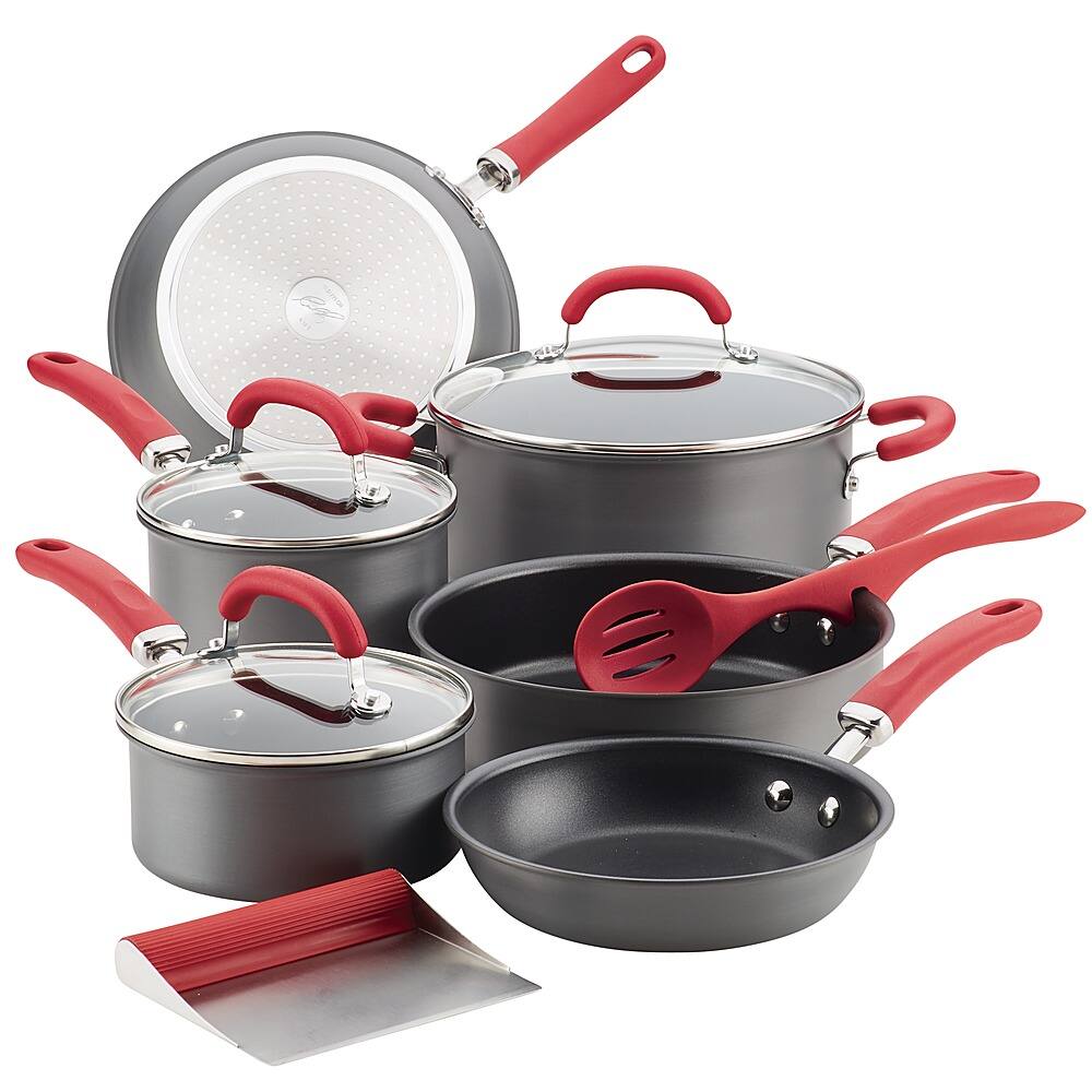 Angle. Rachael Ray - Create Delicious 11-Piece Cookware Set - Gray with Red Handles.