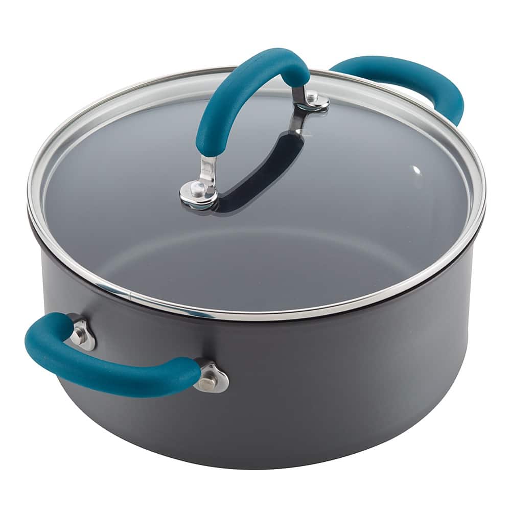 Left. Rachael Ray - Create Delicious 11-Piece Cookware Set - Gray with Teal Handles.