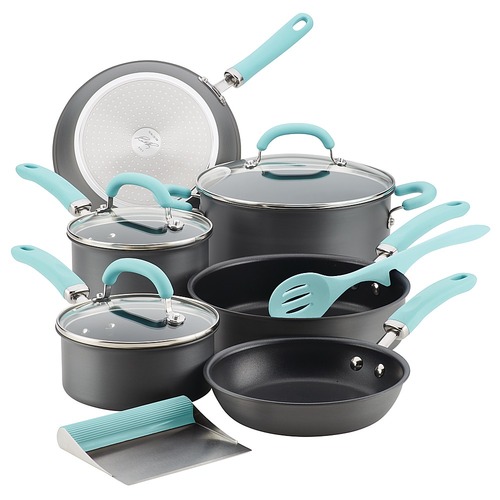 Rachael Ray - Create Delicious 11-Piece Cookware Set - Gray with Light Blue Handles