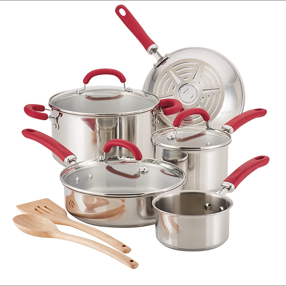 Angle View: Rachael Ray - Create Delicious 10-Piece Cookware Set - Stainless Steel with Red Handles