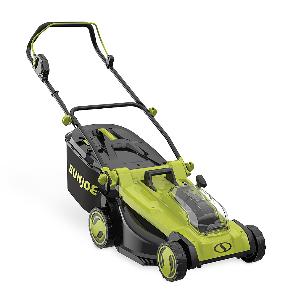Left View: Sun Joe - 24V-X2-17LM-CT 48-Volt iON+ Cordless Lawn Mower | 17-inch | 6-Position | Collection Bag | Tool Only - Green