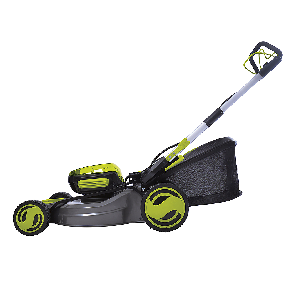 Left View: Sun Joe - iON100V-21LM 100-Volt iONPRO Cordless Self Propelled Lawn Mower Kit | 21-Inch | W/ 5.0-Ah Battery and Charger - Green