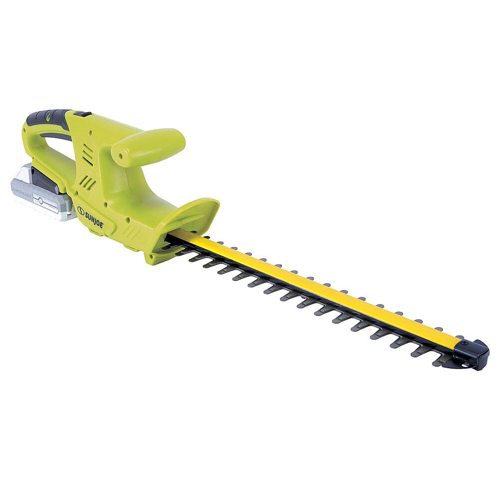 Angle View: Sun Joe 24V-HT18-LTE 24-Volt iON+ Cordless Handheld Hedge Trimmer Kit | 5/8" | W/ 2.0-Ah Battery and Charger - Green